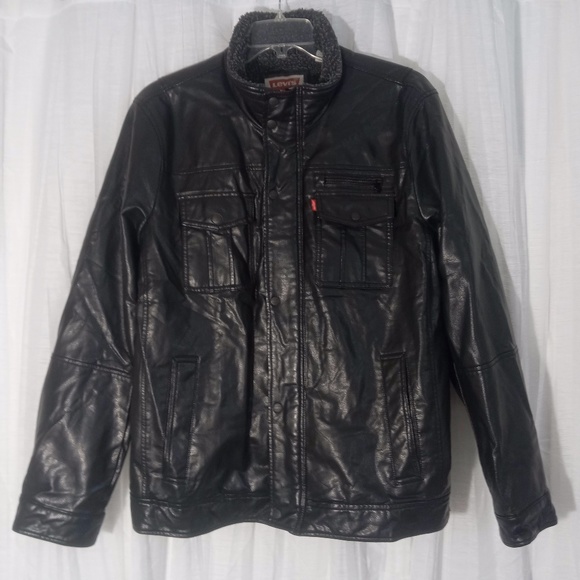 LEVI'S Black Faux Leather Trucker Jacket Sherpa Coat Racer Motorcycle Men XL